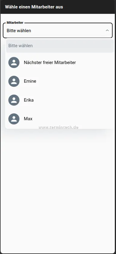 Auswahl eines Mitarbeiters oder des nächsten freien Mitarbeiters bei der Terminbuchung