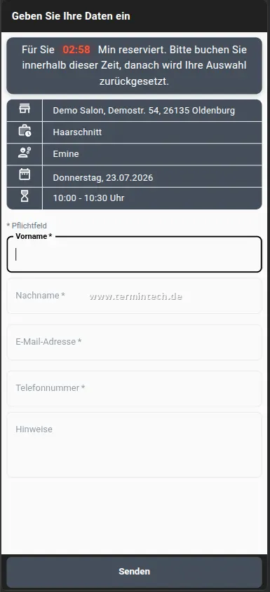 Kontaktformular zum Abschluss der Online-Terminbuchung mit Zusammenfassung des Termins