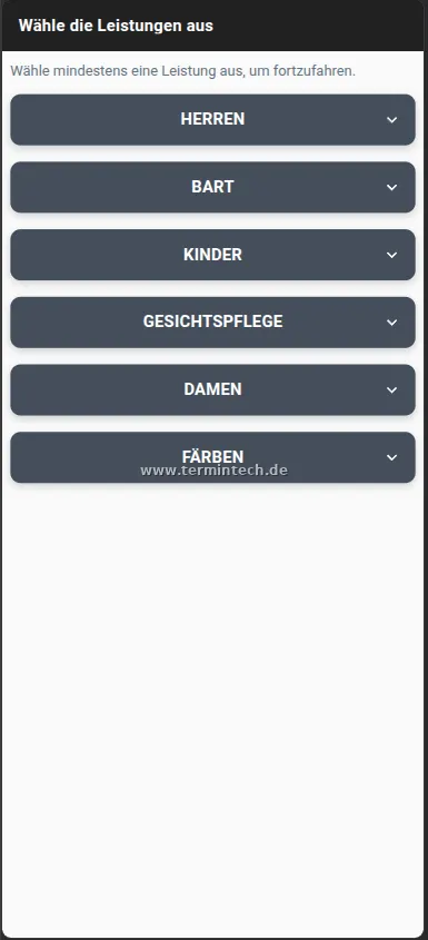 Auswahl der Leistungskategorien in der Friseur-Buchungsstrecke