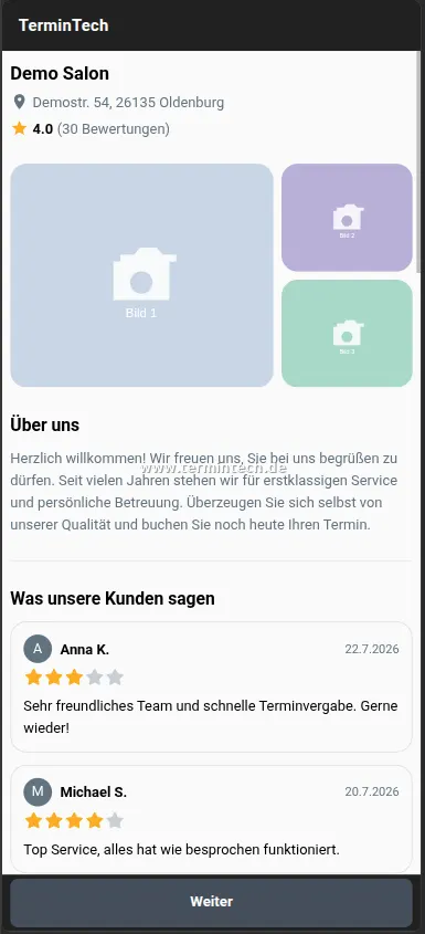Startseite der Online-Buchung eines Friseursalons mit Fotos und Bewertungen