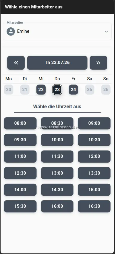 Kalenderansicht zur Auswahl von Datum und Uhrzeit bei der Online-Terminbuchung