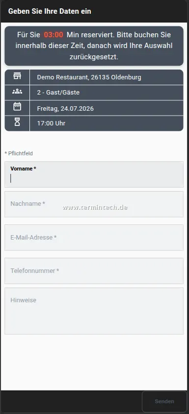 Kontaktformular zum Abschluss der Online-Tischreservierung mit Zusammenfassung