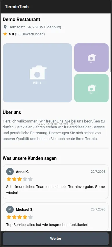Startseite der Online-Tischreservierung eines Restaurants